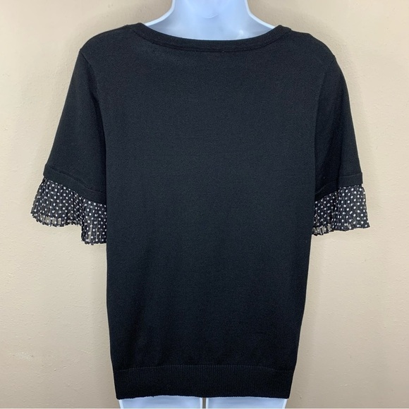 M Black Polka Dot Ruffle Short Sleeve Cardigan Sweater Stretch Medium - Picture 5 of 6